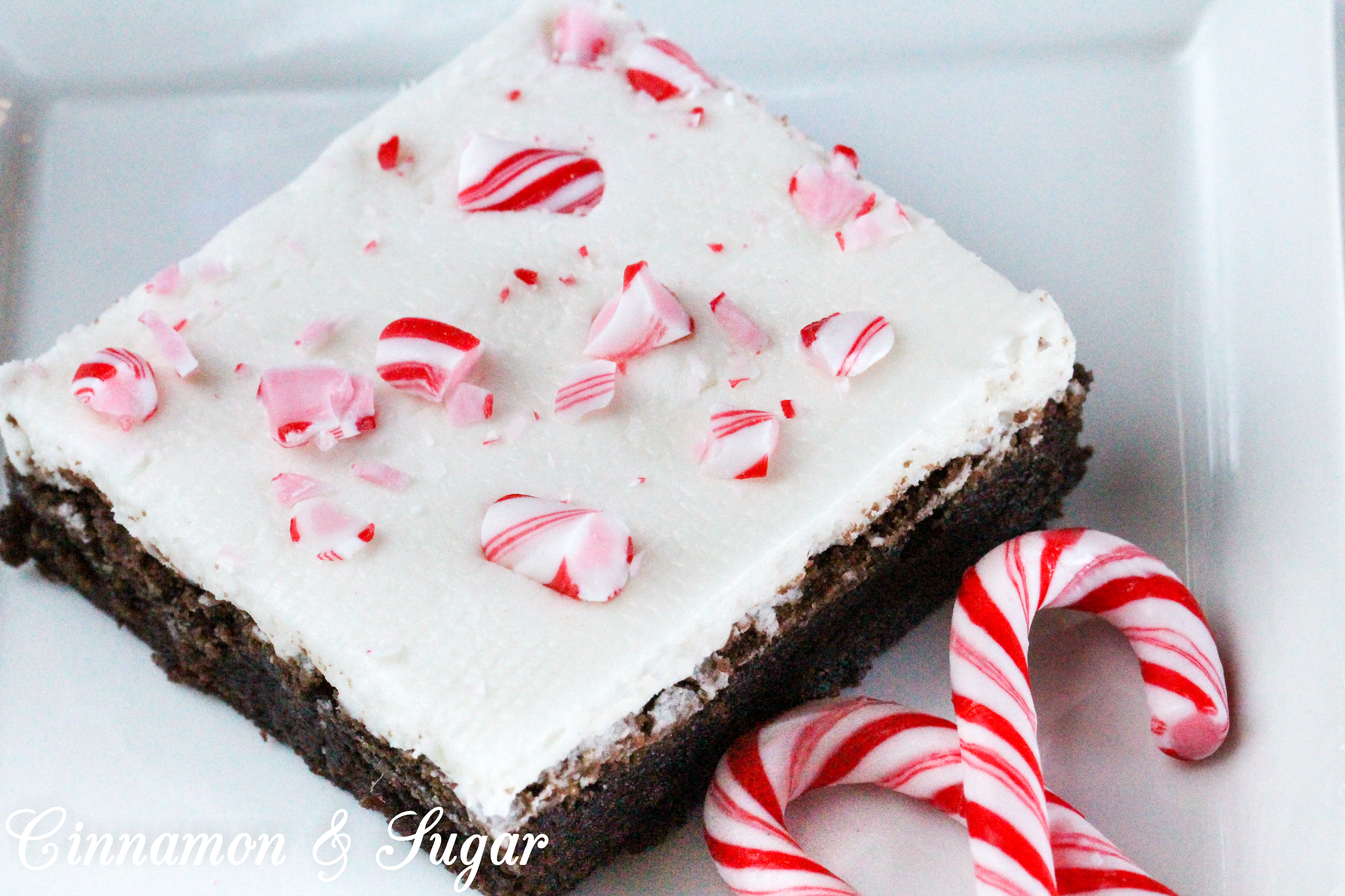 Candy Cane Brownies combine the yummy flavors of chocolate and peppermint while the added crunch of crushed candy canes sprinkled on top of the frosted brownies adds a festive touch. Recipe shared with permission granted by Catherine Bruns, author of GINGER SNAPPED TO DEATH.