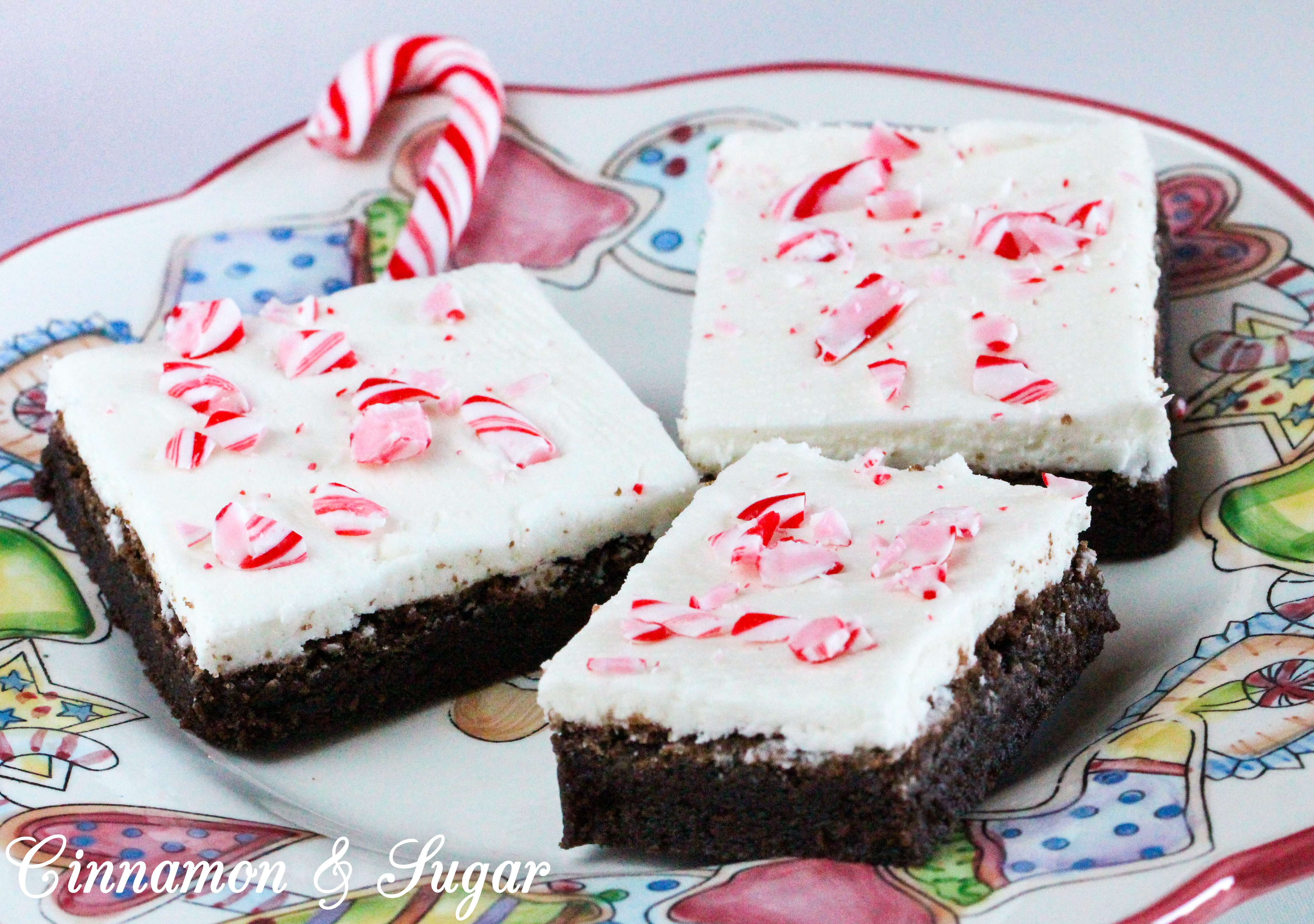 Candy Cane Brownies combine the yummy flavors of chocolate and peppermint while the added crunch of crushed candy canes sprinkled on top of the frosted brownies adds a festive touch. Recipe shared with permission granted by Catherine Bruns, author of GINGER SNAPPED TO DEATH.