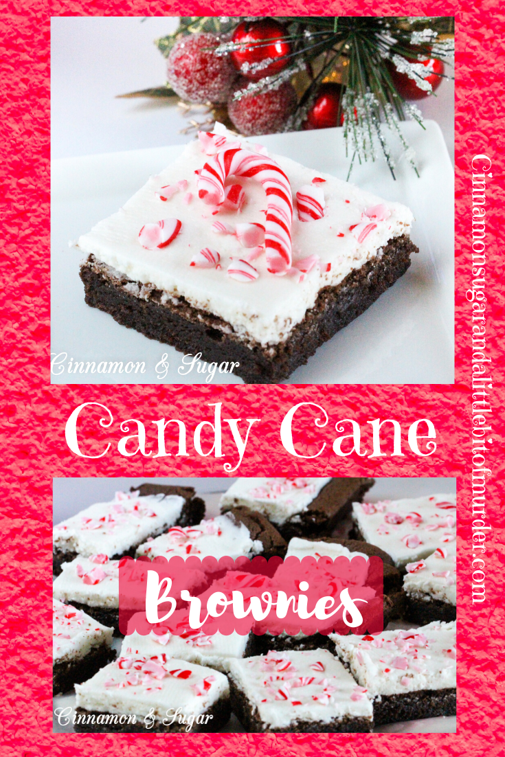 Candy Cane Brownies combine the yummy flavors of chocolate and peppermint while the added crunch of crushed candy canes sprinkled on top of the frosted brownies adds a festive touch. Recipe shared with permission granted by Catherine Bruns, author of GINGER SNAPPED TO DEATH.