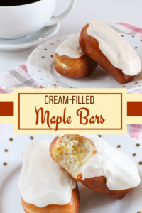 Cream-filled Maple Bars are yeasty deep-fried donuts that are filled with sweet vanilla cream then topped with maple frosting. Perfect with coffee or tea! 