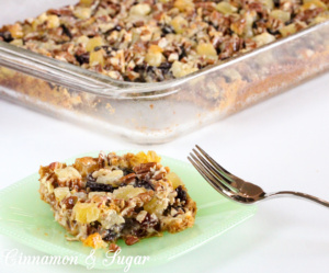 Layers of graham cracker crumbs, coconut, dates, cherries, pineapple, pecans, and sweetened condensed milk mix up in a jiffy to create sweet, chewy Church Basement Funeral Bars! 