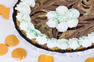 Gertie's Saint Patrick's Cheesecake has a creamy, slightly minty filling that perfectly complements the chocolate crust & captures the spirit of the holiday!