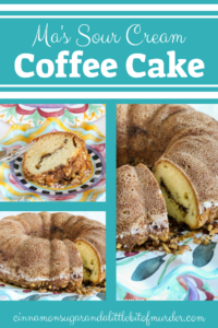 Ma's Sour Cream Coffee Cake combines cinnamon for flavor, walnuts for a nice textural crunch, while the sour cream adds tang and moistness. Recipe was handed down from the grandmother of Barbara Ross, author of cozy mystery STEAMED OPEN. 