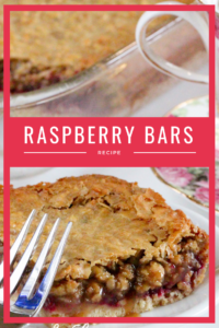 Crunchy brown sugar crust is layered with simple raspberries and topped with a gooey-chewy nut and coconut layer to make Raspberry Bars a satisfying treat! Recipe shared with permission granted by Ellie Alexander, author of cozy mystery LIVE AND LET PIE.