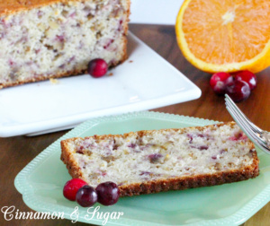 Tart cranberries, zingy orange zest and orange juice and crunchy walnuts combine to create delectable Cranberrry Orange Bread. Recipe created by Maddie Day, author of cozy mystery MURDER ON CAPE COD.