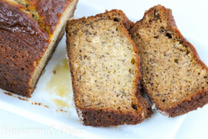With an added layer of sugar coating the bottom for flavor and texture, this Banana Bread is super rich and moist, thanks to a generous amount of bananas. Recipe shared with permission granted by Paige Shelton, author of THE LOCH NESS PAPERS.