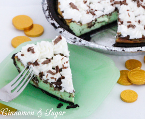 Gertie's Saint Patrick's Cheesecake has a creamy, slightly minty filling that perfectly complements the chocolate crust & captures the spirit of the holiday!