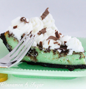 Gertie's Saint Patrick's Cheesecake has a creamy, slightly minty filling that perfectly complements the chocolate crust & captures the spirit of the holiday!