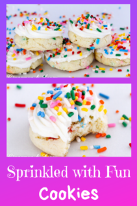 Sprinkled with Fun Cookies start with a base of cake mix, resulting in cake-like treats that take mere minutes to scoop onto a baking sheet and begin baking. Recipe shared with permission granted by Catherine Bruns, author of SPRINKLED IN MALICE.