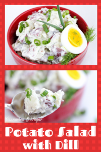 Daisy Carpenter's Secret Potato Salad with Dill combines red potatoes, for texture & color, with creamy, tangy mayo & sour cream. A generous amount of dill and scallions provide fresh flavor. Recipe shared from SOMETHING BORROWED, SOMETHING MEWED by Bethany Blake.