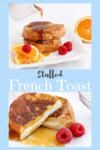 Stuffed French Toast are slices of French bread stuffed with orange zest and cream cheese. Paired with Honey Orange Syrup makes it a perfect breakfast! Recipe shared with permission granted by Kate Carlisle, author of THE BOOK SUPREMACY.