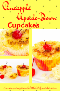 A rich, buttery pineapple cake topped with a caramelized pineapple ring and maraschino cherry make Pineapple Upside-Down Cupcakes perfect for hot summer months! Recipe shared with permission granted by Jenn McKinlay, author of DYING FOR DEVIL'S FOOD.