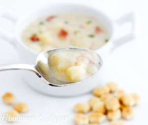 New England Clam Chowder is rich without relying on heavy cream and full of the briny flavor of clams and smoky bacon, but isn’t difficult or time consuming to make. Recipe from DRAWN AND BUTTERED by Shari Randall.