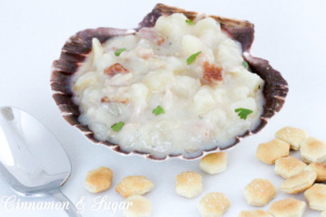 New England Clam Chowder is rich without relying on heavy cream and full of the briny flavor of clams and smoky bacon, but isn’t difficult or time consuming to make. Recipe from DRAWN AND BUTTERED by Shari Randall.