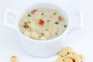 New England Clam Chowder is rich without relying on heavy cream and full of the briny flavor of clams and smoky bacon, but isn’t difficult or time consuming to make. Recipe from DRAWN AND BUTTERED by Shari Randall.