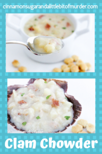 New England Clam Chowder is rich without relying on heavy cream and full of the briny flavor of clams and smoky bacon, but isn’t difficult or time consuming to make. Recipe from DRAWN AND BUTTERED by Shari Randall.