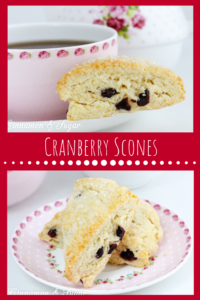 The slightly tart, slightly sweet addition of dried cranberries adds both flavor and texture to these delectable, tender Cranberry Scones.  Recipe shared with permission granted by Lynn Cahoon, author of SCONED TO DEATH.