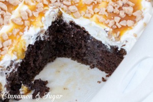 Greer’s Better than Robert Redford Cake is a layered dessert with chocolate cake, sweetened condensed milk, salted caramel, whipped cream & candy bits. Recipe shared with permission granted by Mary Lee Ashford, author of RISKY BISCUITS.