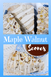 Maple Walnut Scones are ultra-rich and flaky while walnuts and maple glaze adds extra layers of flavors and textures making these a family favorite. Recipe from Karen MacInerney, author of SCONE COLD DEAD.