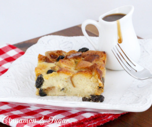 Basic Bread Pudding starts with rich bread soaked in a mixture of eggs, sugar, milk, cream and warm spices. The addition of lump, sweet raisins and caramel sauce makes this an extra special treat. Recipe shared with permission granted by Vicki Delany, author of SILENT NIGHT, DEADLY NIGHT.