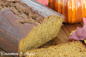 Tender and moist without using a lot of vegetable oil, this pumpkin bread is full of warm spices and whole wheat flour that enhance the pumpkin. Recipe shared with permission granted by Barbara Ross, author of HAUNTED HO-- USE MURDER.