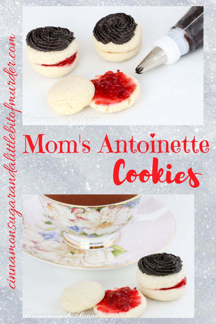 Mom’s Antoinettes are buttery, almond-flavored shortbread-style cookies that are sandwiched around raspberry jam and topped with dark chocolate buttercream. Recipe shared with permission granted by Ellie Alexander, author of A CUP OF HOLIDAY FEAR. 