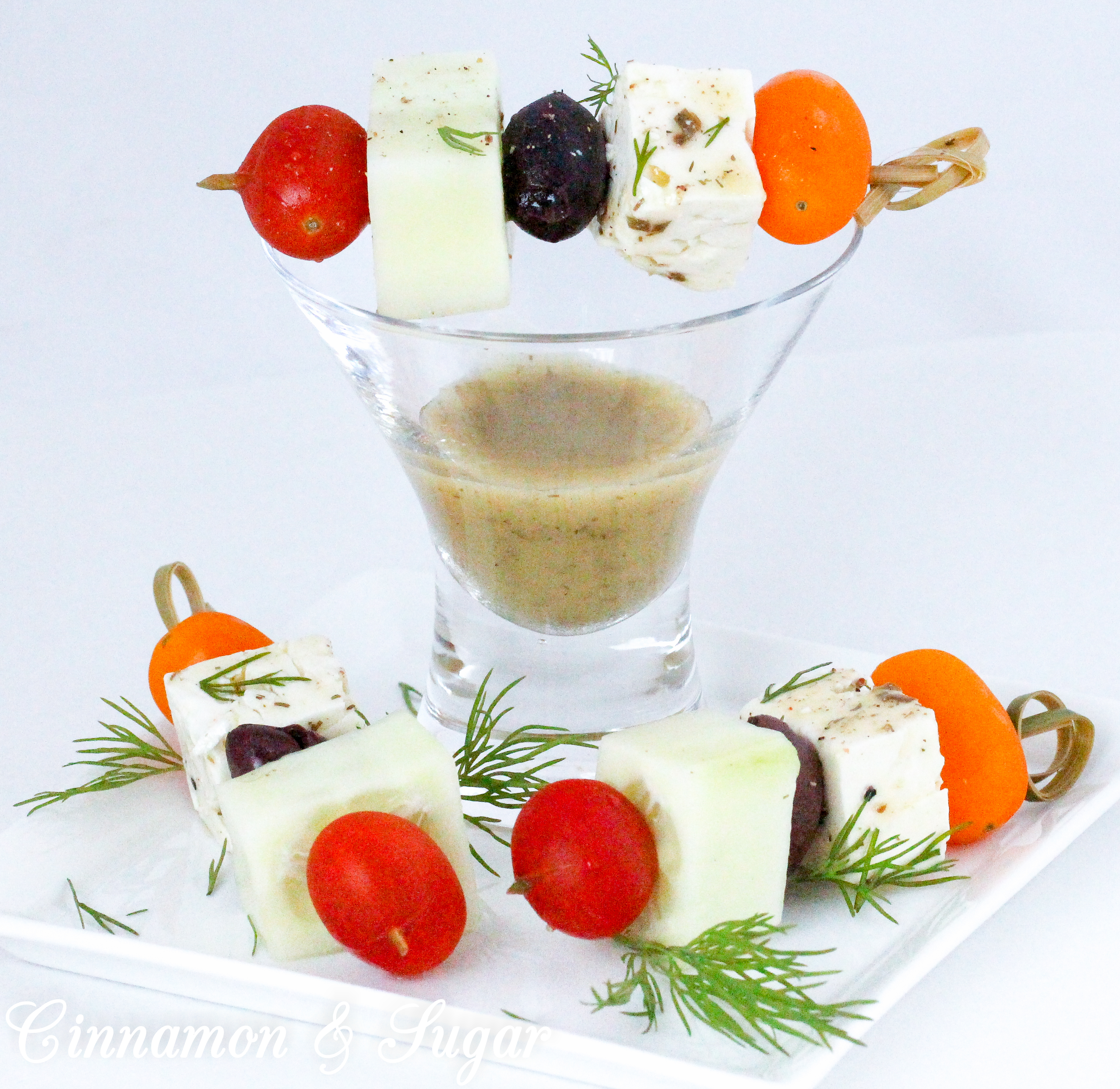 Light and refreshing, Greek Salad Skewers are mini appetizers that are quick to make and provide a fun, healthy way to satisfy pre-dinner appetites. Recipe shared with permission granted by Jenn McKinlay, author of WORD TO THE WISE.