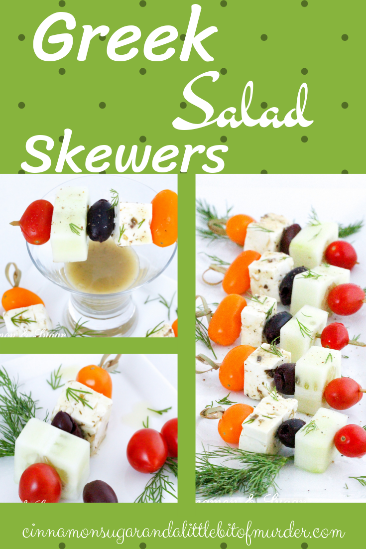 Light and refreshing, Greek Salad Skewers are mini appetizers that are quick to make and provide a fun, healthy way to satisfy pre-dinner appetites. Recipe shared with permission granted by Jenn McKinlay, author of WORD TO THE WISE.