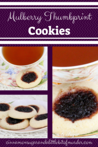 Mulberry Thumbprint Cookies are a shortbread-style cookie with a dollop of mulberry jam providing a beautiful dark purple jewel in the middle of the baked cookie. Recipe shared with permission granted by Sharon Farrow, author of MULBERRY MISCHIEF. 