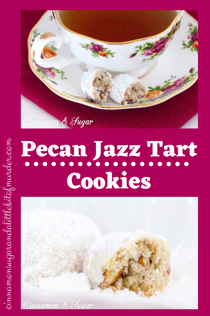 Loads of buttery pecans are mixed with a shortbread-style cookie dough, rolled into an oblong shape, and after baking, rolled in sweet powdered sugar to create the delicious cookie Pecan Jazz Tarts. Recipe shared with permission granted by Laura Childs & Terrie Farley Moran, author of MUMBO GUMBO MURDER.