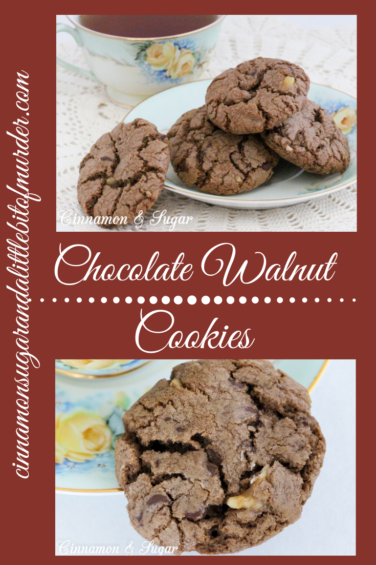 Chocolate Walnut Cookies are the perfect combination of chewy and crunchy, thanks to the melted chocolate, chocolate chips, and walnuts. Recipe shared with permission granted by Debra Sennefelder, author of Three Widows and a Corpse.