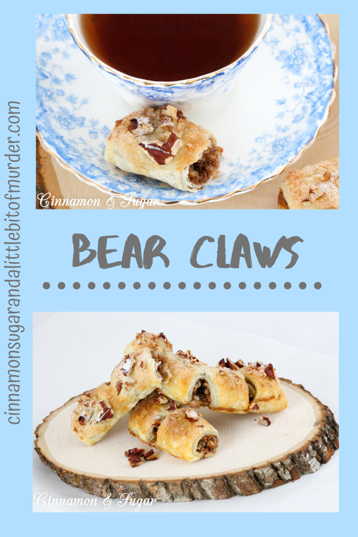 With crunchy, buttery pecans, an ample amount of cinnamon, and pre-made puff pastry, these Bear Claws are a tasty and easy addition to any breakfast, brunch, or coffee break! Recipe shared with permission granted by Maddie Day, author of MURDER AT THE TAFFY SHOP. 