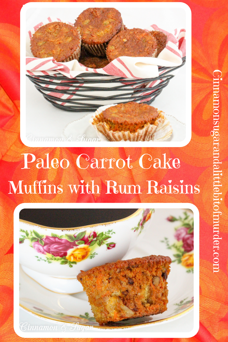 Paleo Carrot Cake Muffins with Rum Raisins are chock-full of flavor and moistness thanks to rum-infused golden raisins, a generous portion of carrots, with warming spices and honey. Recipe shared with permission granted by Libby Klein, author of THEATER NIGHTS ARE MURDER. 