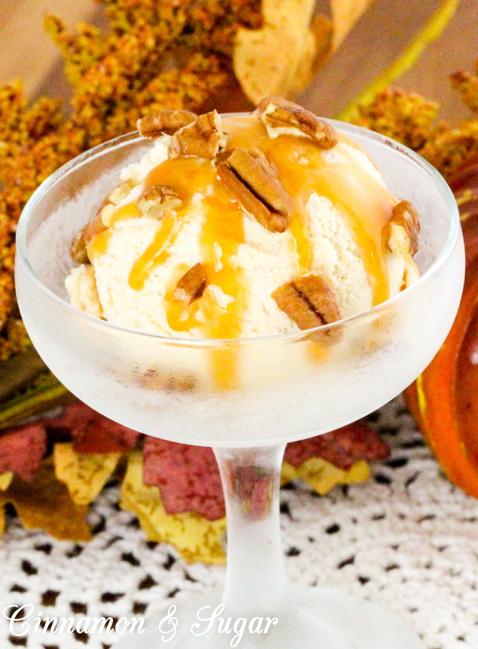 Chagrin Falls Pumpkin Spice Ice Cream is luscious and creamy! This frozen concoction has the perfect balance of pumpkin and spices so that one doesn’t overwhelm the other. Recipe shared with permission granted by Abby Collette, author of A DEADLY INSIDE SCOOP.