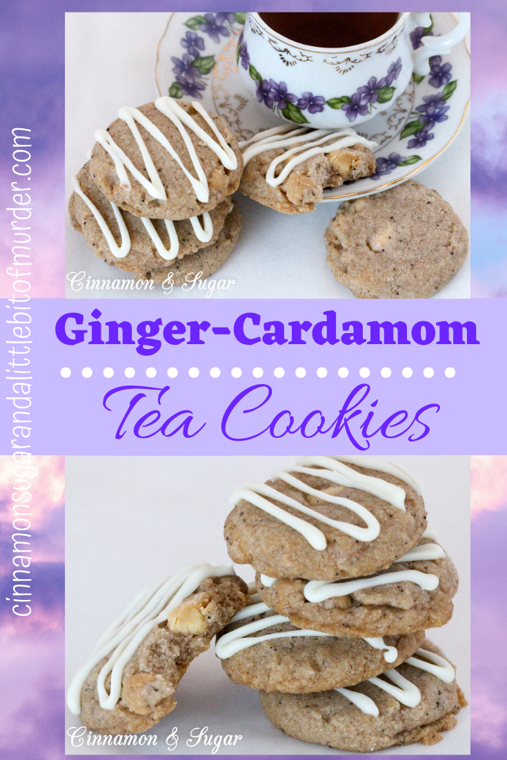 Ginger-Cardamom Tea Cookies are a shortbread-style cookies infused with English Breakfast Tea! Warming spices provide plenty of flavor while white chocolate chips give a burst of creamy sweetness to each bite. Recipe shared with permission granted by Laura Childs, author of LAVENDER BLUE MURDER. 