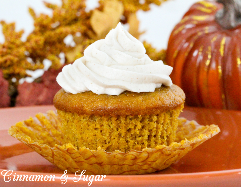 With warm spices of cinnamon, ginger, and nutmeg, Pumpkin Spice cupcakes are moist and could be eaten as a breakfast muffin. But piled high with Cinnamon Cream Cheese Frosting, these delectable treats are worthy of any celebration! Recipe shared with permission granted by Jenn McKinlay, author of PUMPKIN SPICE PERIL. 