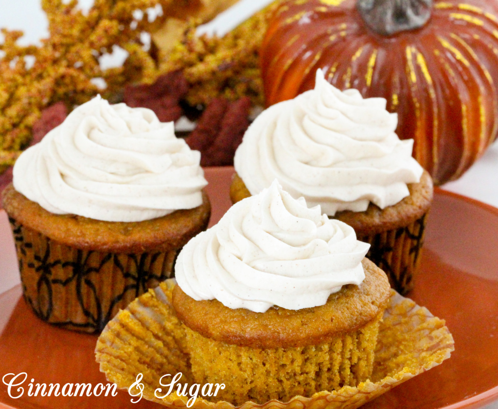 With warm spices of cinnamon, ginger, and nutmeg, Pumpkin Spice cupcakes are moist and could be eaten as a breakfast muffin. But piled high with Cinnamon Cream Cheese Frosting, these delectable treats are worthy of any celebration! Recipe shared with permission granted by Jenn McKinlay, author of PUMPKIN SPICE PERIL. 