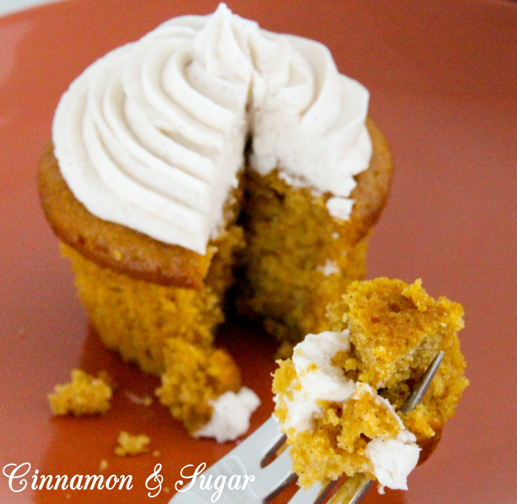 With warm spices of cinnamon, ginger, and nutmeg, Pumpkin Spice cupcakes are moist and could be eaten as a breakfast muffin. But piled high with Cinnamon Cream Cheese Frosting, these delectable treats are worthy of any celebration! Recipe shared with permission granted by Jenn McKinlay, author of PUMPKIN SPICE PERIL. 