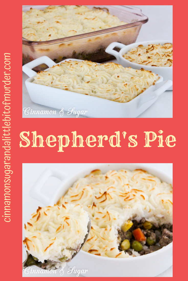 Shepherd’s Pie is comfort food at its purest! Rich browned beef and some veggies are smothered with creamy mashed potatoes and then baked to create a hearty, warming meal. Recipe shared with permission granted by Lynn Cahoon, author of DEEP FRIED REVENGE.