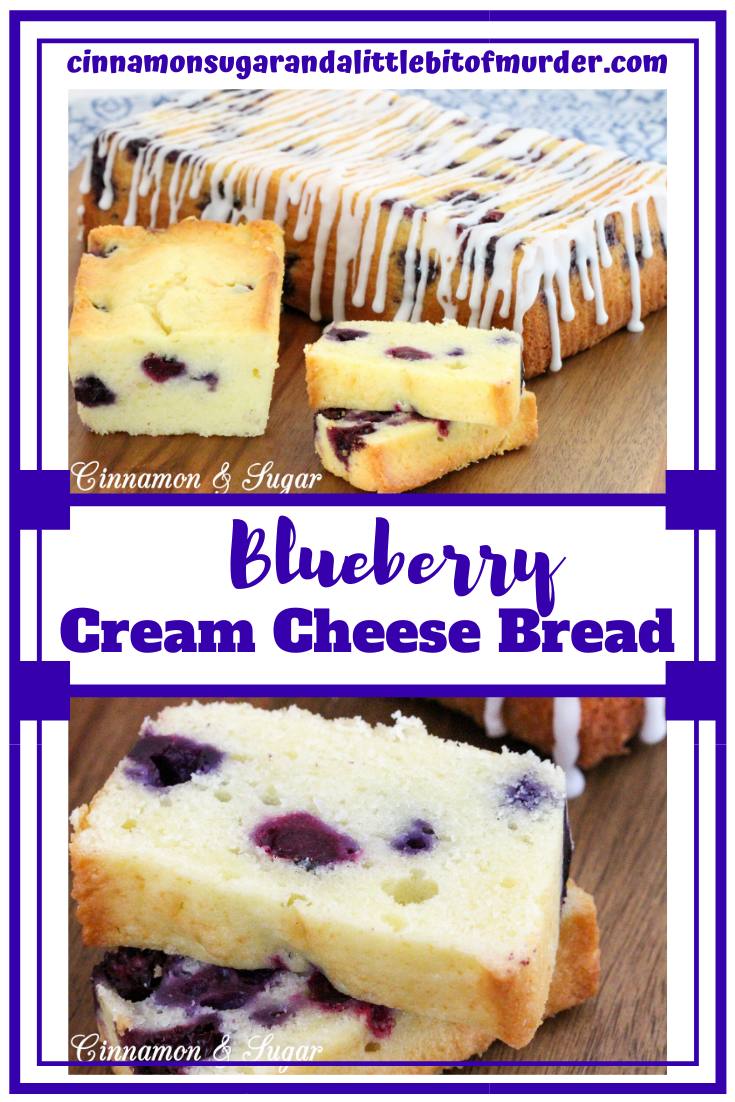 Blueberry Cream Cheese Bread is loaded with plump, fresh blueberries and tangy cream cheese, making this a supremely moist and flavorful treat! Recipe shared with permission granted by Lee Hollis, author of DEATH OF A BLUEBERRY TART. 