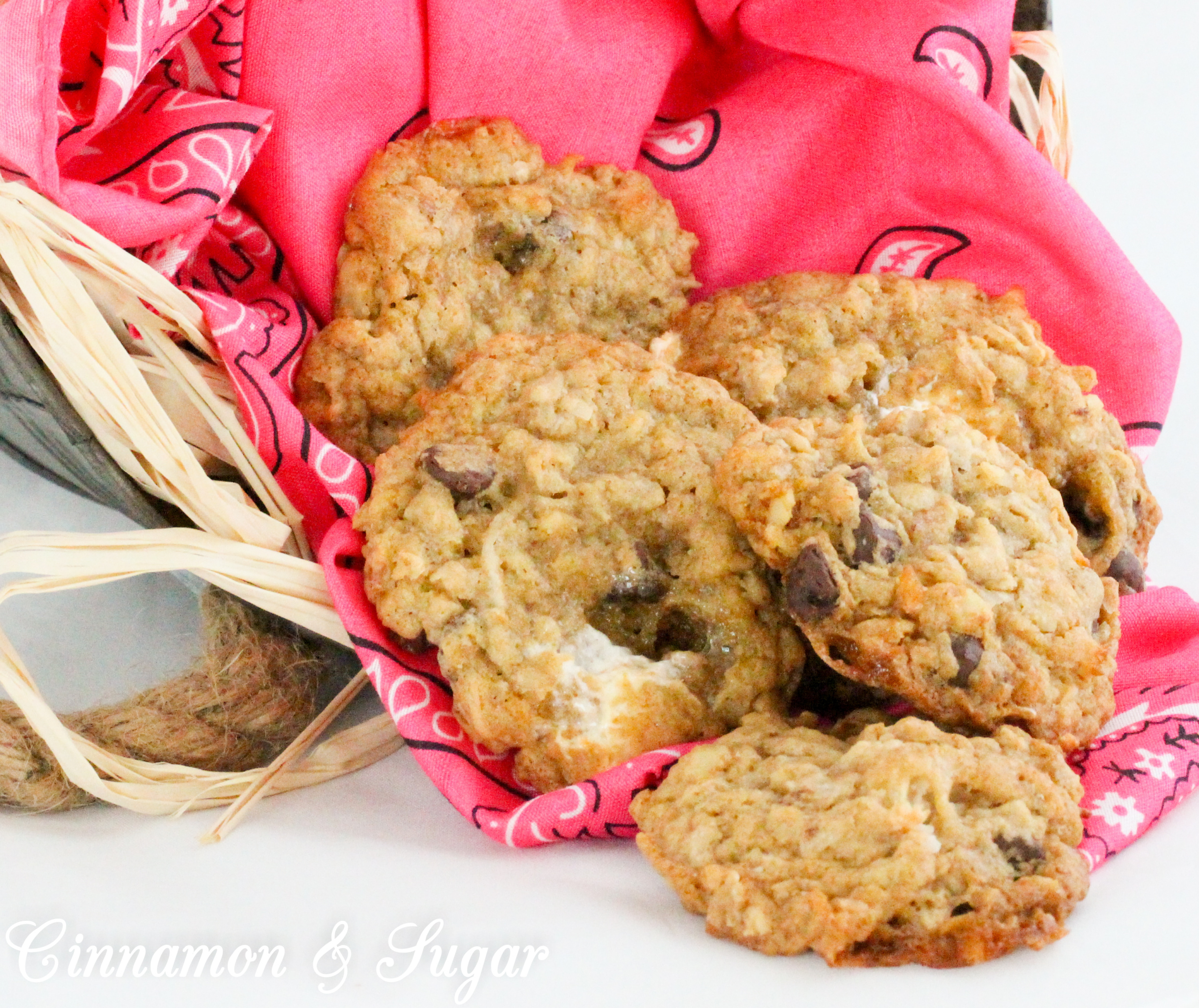 Cowgirl Cookies are the riff to Cowboy Cookies for a little girl's party. Brown sugar based cookie dough is stuffed full of oats, chocolate chips, coconut, marshmallows, and walnuts for a substantial mouthwatering cookie. Recipe from cozy mystery SPRINKLES OF SUSPICION by Kim Davis.