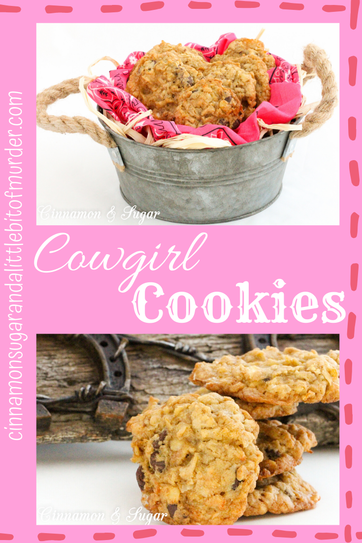 Cowgirl Cookies are the riff to Cowboy Cookies for a little girl's party. Brown sugar based cookie dough is stuffed full of oats, chocolate chips, coconut, marshmallows, and walnuts for a substantial mouthwatering cookie. Recipe from cozy mystery SPRINKLES OF SUSPICION by Kim Davis.