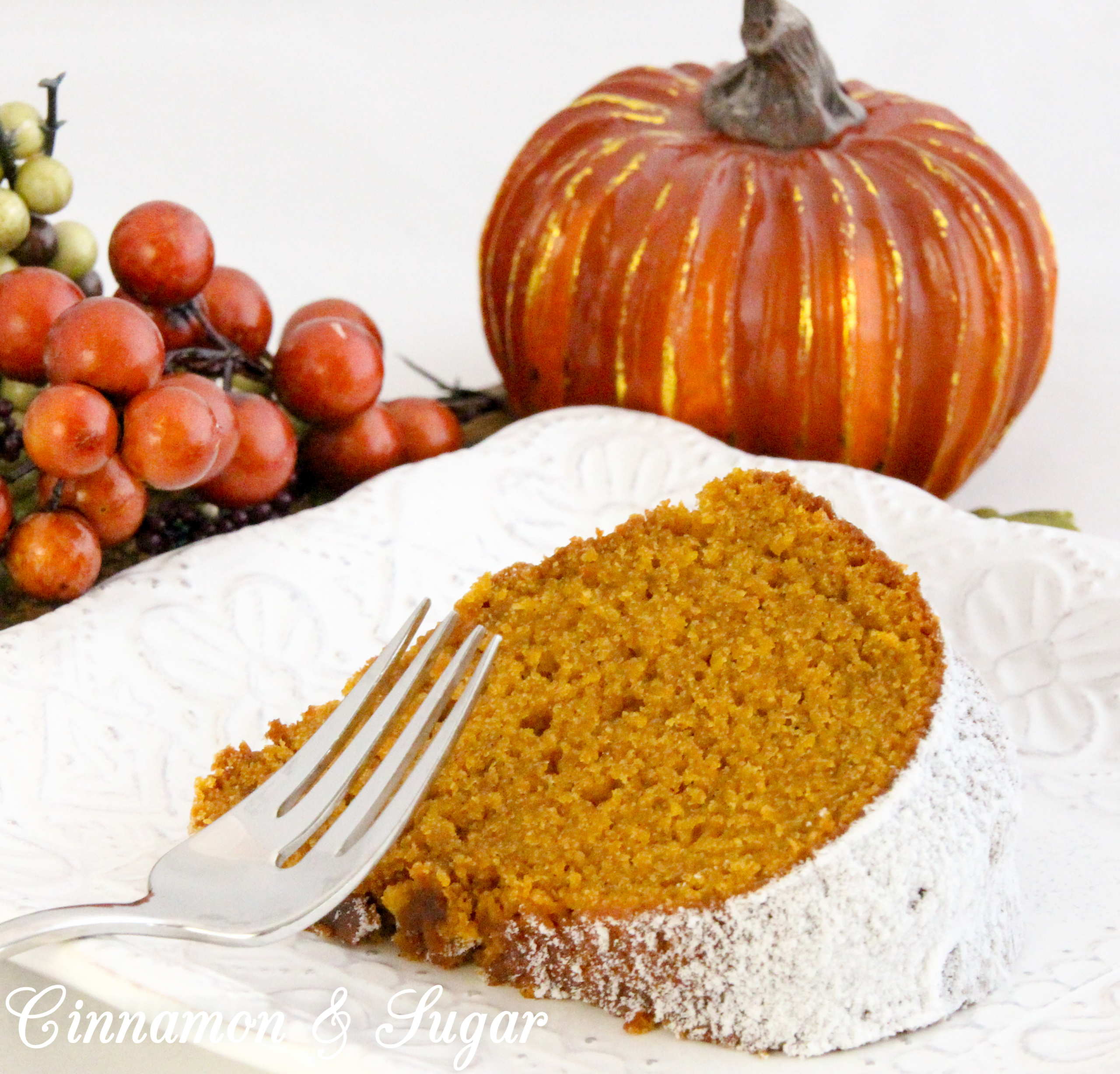Grandma Peggy's Pumpkin Bundt Cake uses three cups of pumpkin which makes this cake super moist! The pumpkin flavor shines through and enhances the generous use of warm spices. Recipe shared with permission granted by Krista Davis, author of THE DIVA SPICES IT UP.