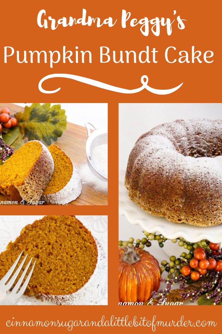 Grandma Peggy's Pumpkin Bundt Cake uses three cups of pumpkin which makes this cake super moist! The pumpkin flavor shines through and enhances the generous use of warm spices. Recipe shared with permission granted by Krista Davis, author of THE DIVA SPICES IT UP.