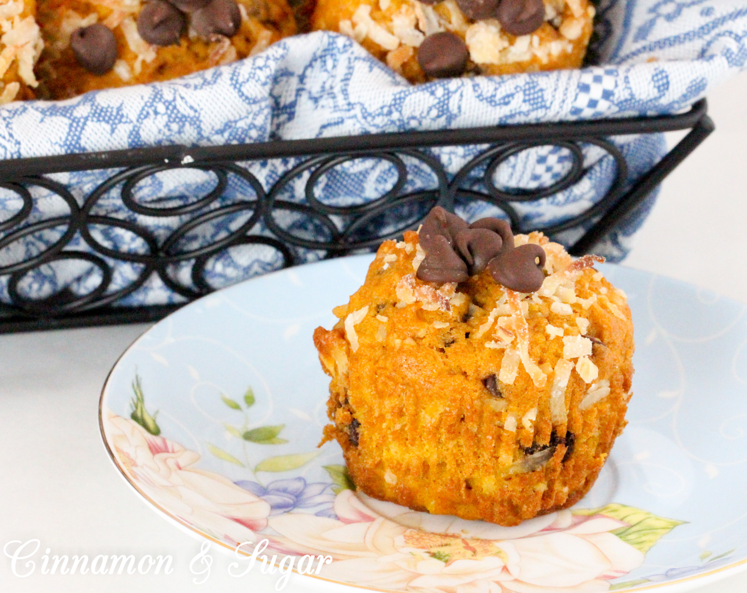 Pumpkin-Chocolate-Coconut Muffins uses pumpkin for moistness, chocolate for bittersweet sweetness and coconut for added sweet texture. Recipe shared with permission granted by Daryl Wood Gerber, author of SHREDDING THE EVIDENCE. 