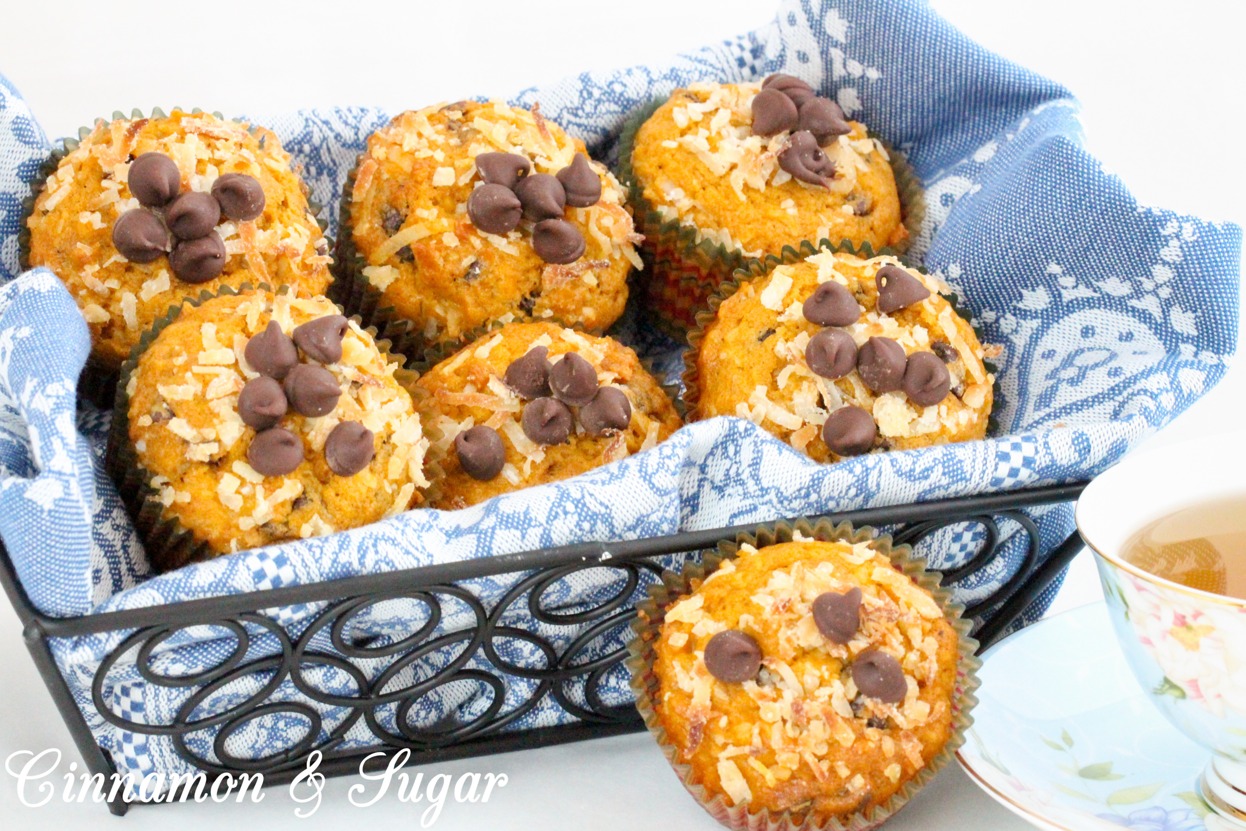 Pumpkin-Chocolate-Coconut Muffins uses pumpkin for moistness, chocolate for bittersweet sweetness and coconut for added sweet texture. Recipe shared with permission granted by Daryl Wood Gerber, author of SHREDDING THE EVIDENCE. 