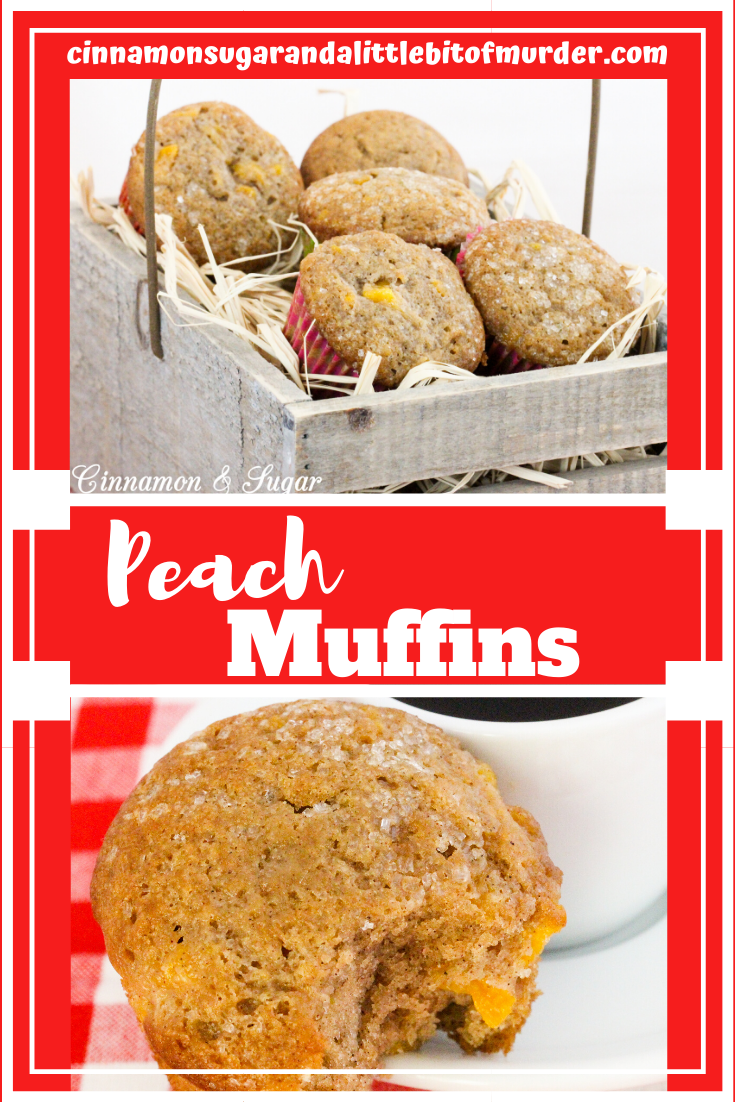 Chock-full of peaches these Peach Muffins mix up quickly without any fuss. Canned peaches even work when fresh aren’t available which makes this recipe convenient year round. Recipe shared with permission granted by Kate Young, author of SOUTHERN SASS AND A CRISPY CORPSE.