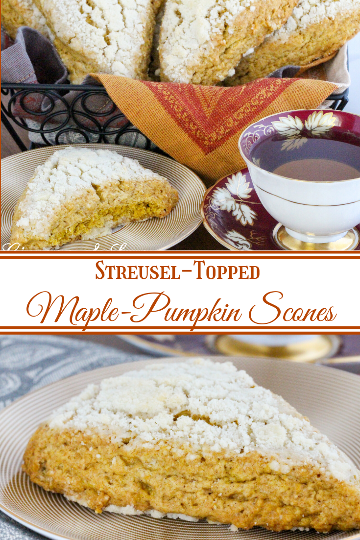 Sweet streusel complements the cinnamon in these Maple-Pumpkin Scones without being overly crumbly. Mild pumpkin brings color and a moist texture to these tea time treats. Recipe shared with permission granted by Kate Carlisle, author of THE GRIM READER. 