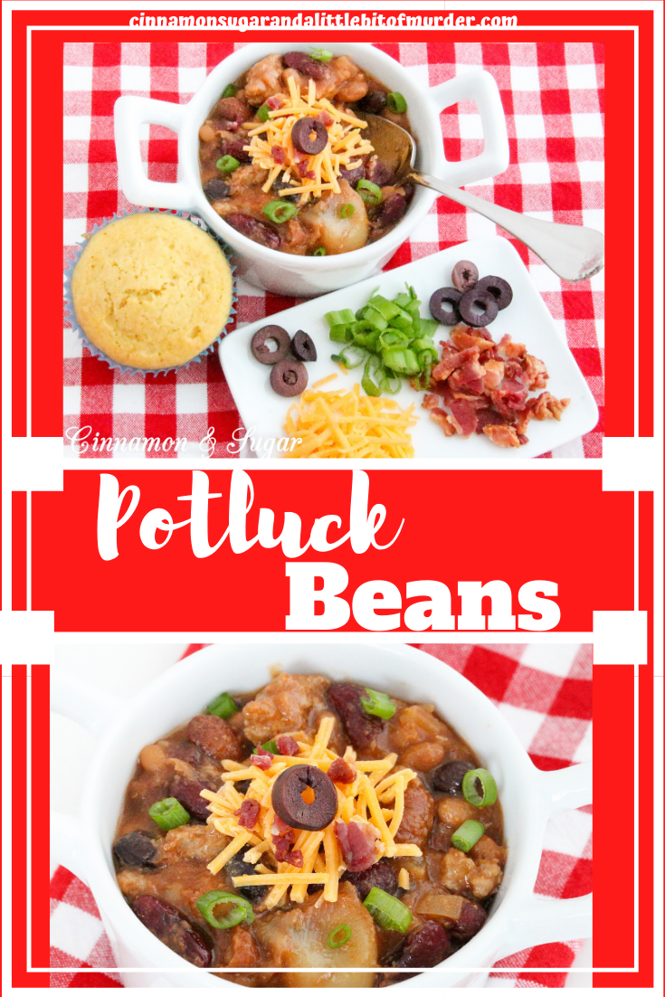 Using canned convenience products, the ease of making Potluck Beans belies the savory deliciousness of this dish, whether served as a side dish or an entrée. Recipe from cozy mystery Sprinkles of Suspicion by Kim Davis.