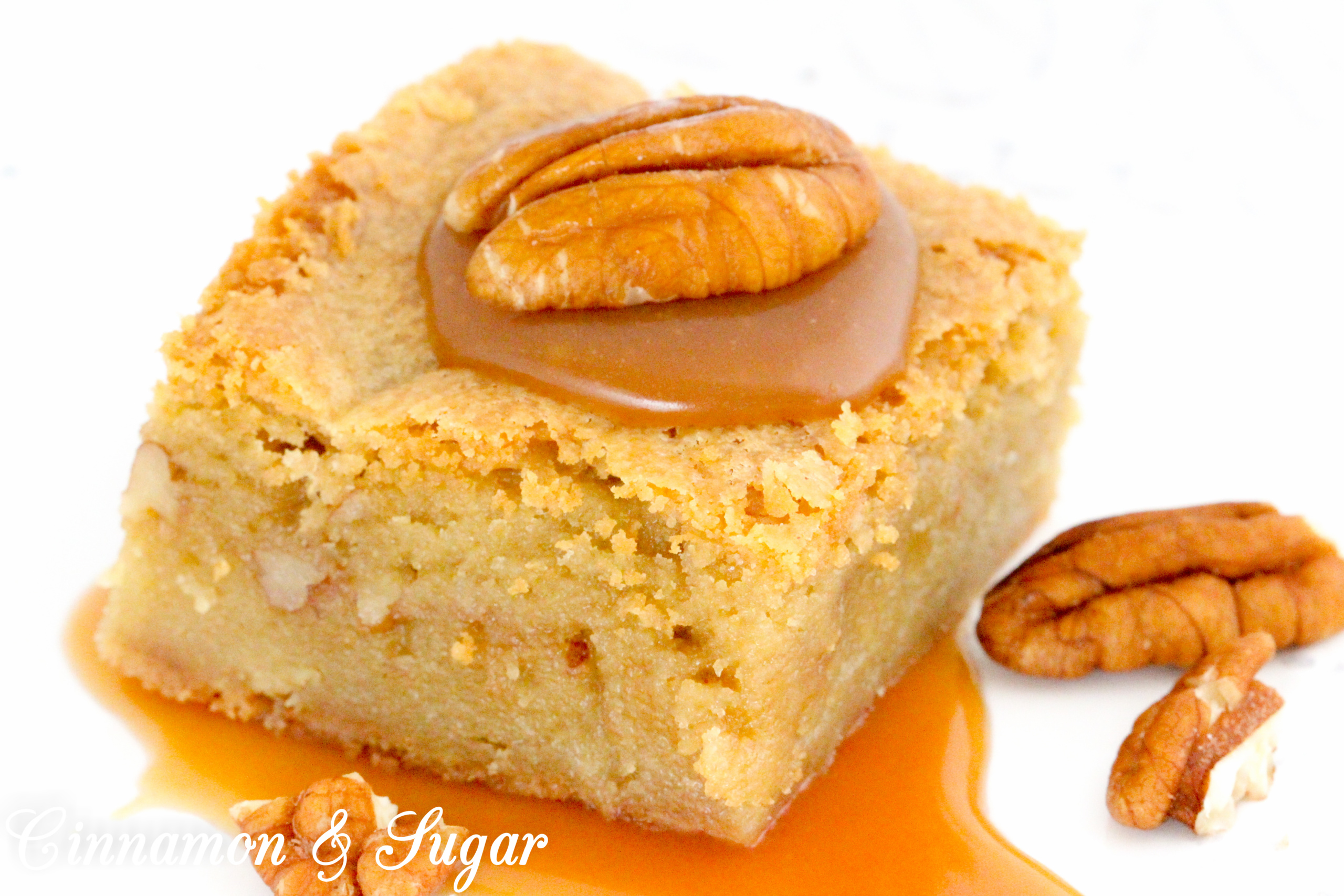 Caramel Blondies have a luscious layer of homemade salted caramel sauce and a generous sprinkle of chopped pecans between rich, buttery blondies. Recipe shared with permission granted by Daryl Wood Gerber, author of A SPRINKLING OF MURDER.